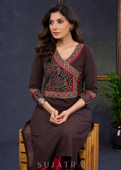 Beautiful-Black-Cotton-Ajrakh-Combination-Kurta-With-Highlighted-Ajrakh-Yoke--Pant-Optional
