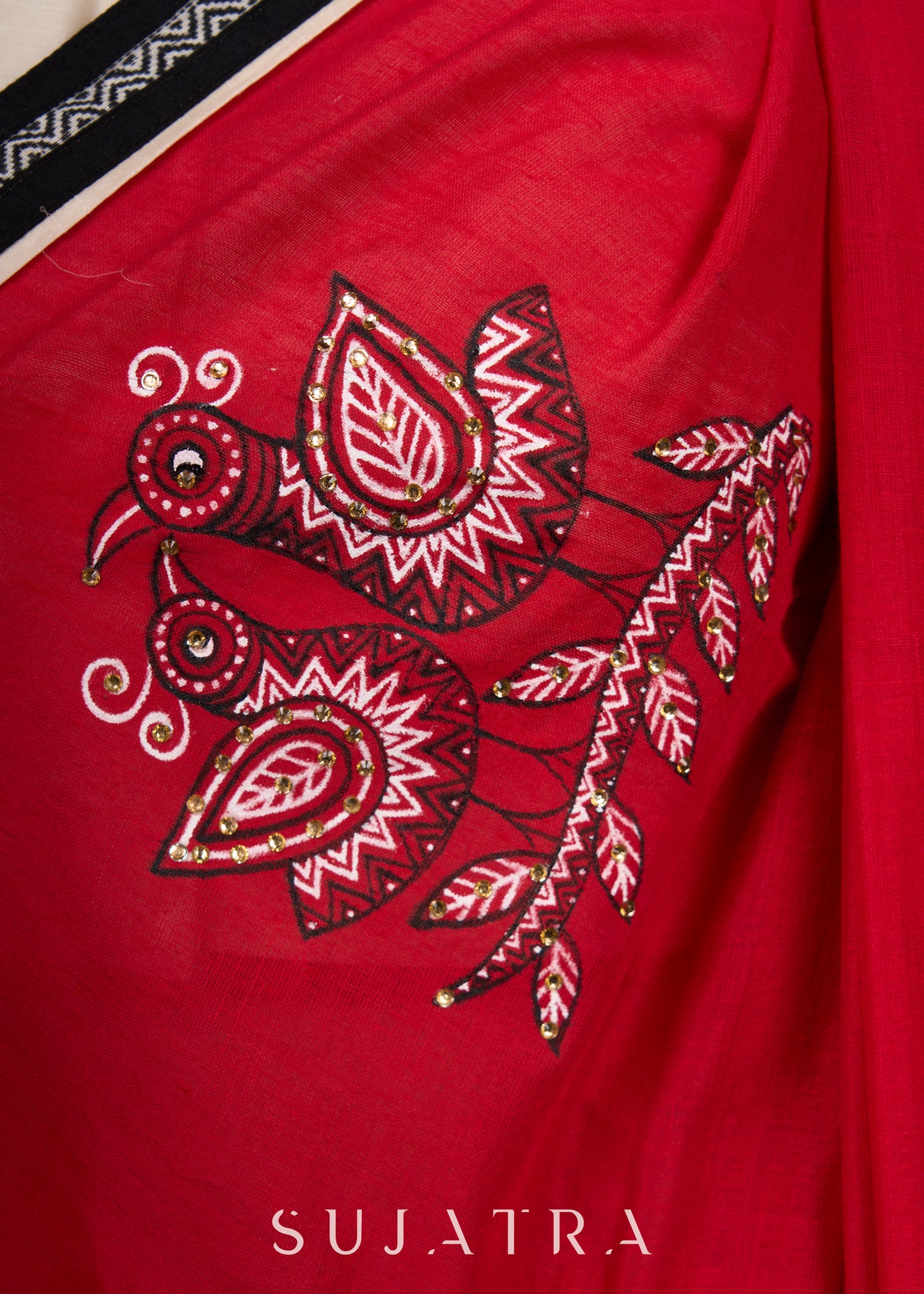Red Bengal Cotton Saree with Intricate Hand-painted saree with stone embellishments