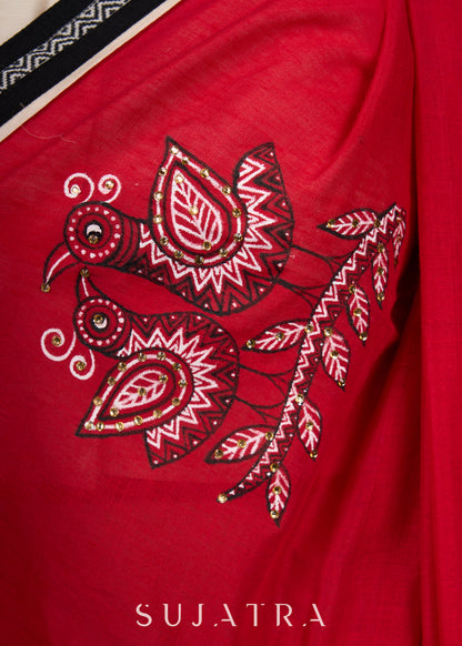 Red Bengal Cotton Saree with Intricate Hand-painted saree with stone embellishments