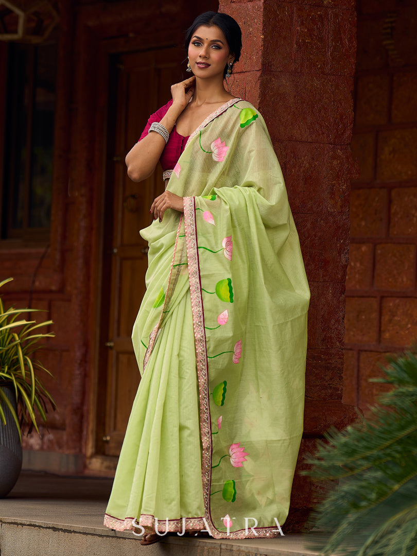 Classic Pista Green Chanderi Saree with Hand-Painted Pichwai Motifs & Contrast Magenta Accent
