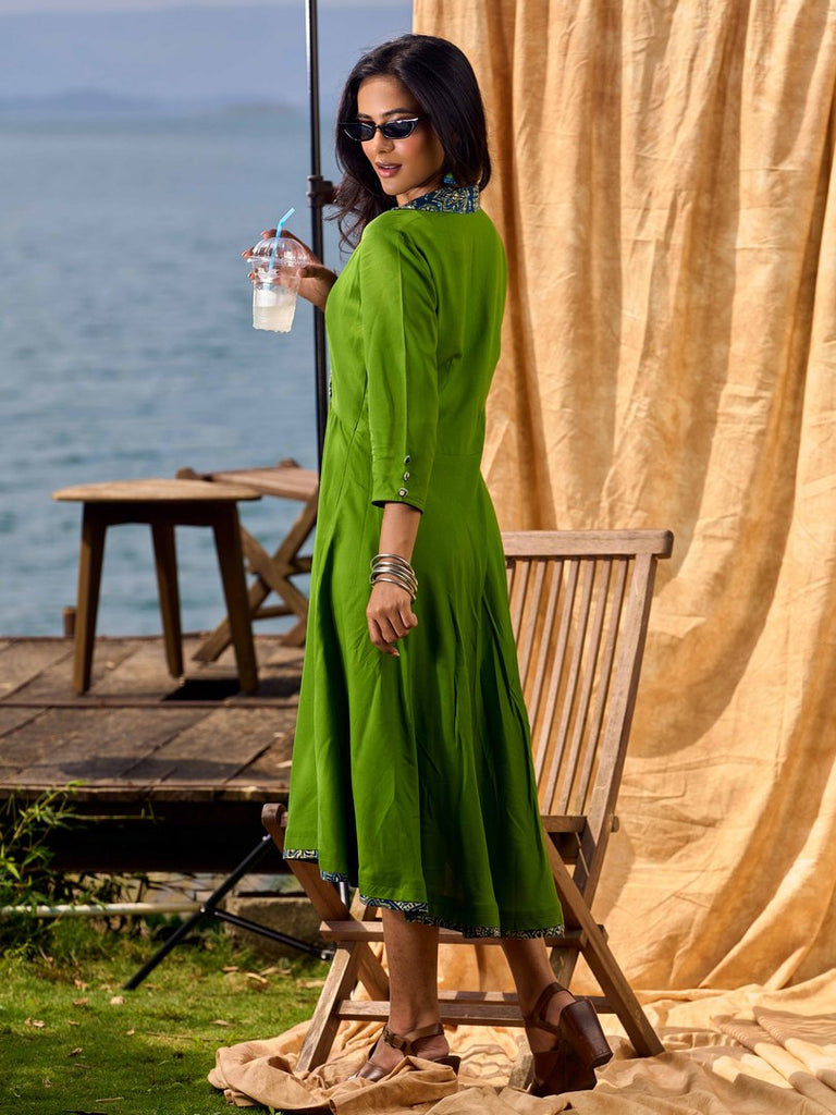 Green Flared Rayon Dress with Handcrafted Ajrakh Collar and Trims