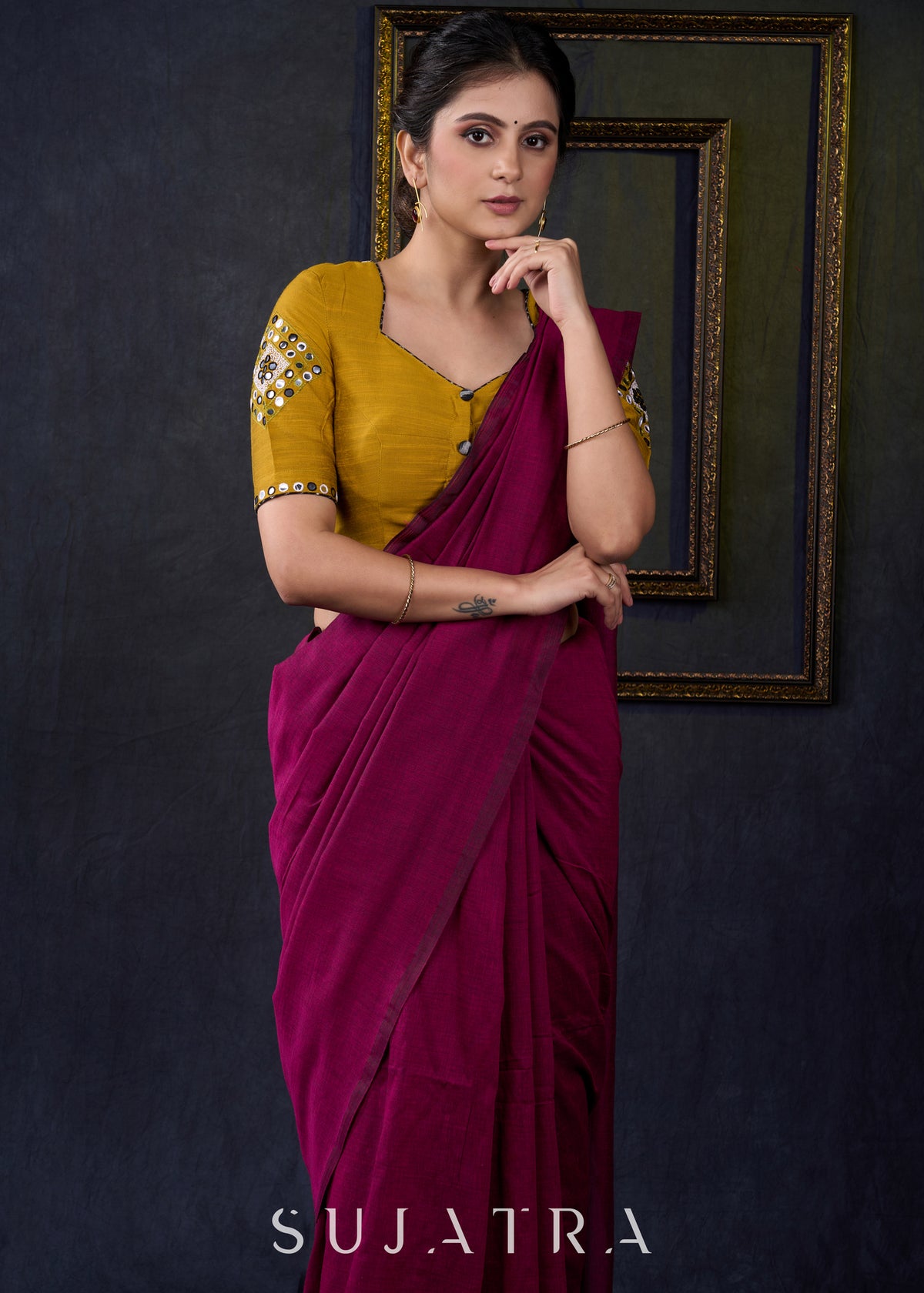 Dussehra Sale — Elegantly Hand Embroidered Mustard Mirror Work Blouse