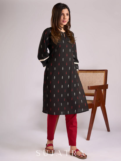 Beautiful Black Printed Cotton Kurta with Delicate Crochet Lace Detailing