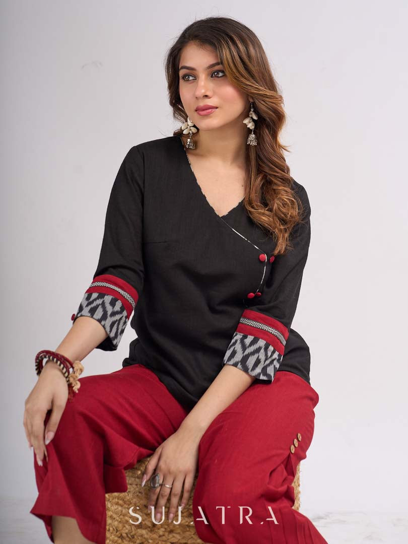 Black Cotton Wrap Pattern Top with Ikat Cuff Panels and Button Highlight