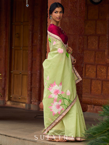Classic Pista Green Chanderi Saree with Hand-Painted Pichwai Motifs & Contrast Magenta Accent