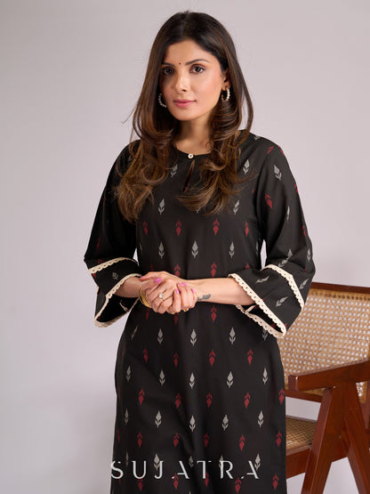 Beautiful Black Printed Cotton Kurta with Delicate Crochet Lace Detailing