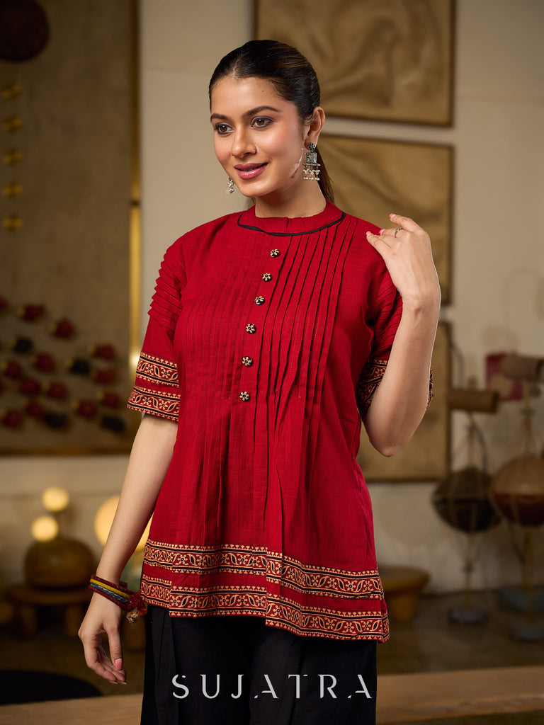 Chic Maroon Cotton Top Crafted With Front And Sleeve Pleats, Accented with Ajrakh Border
