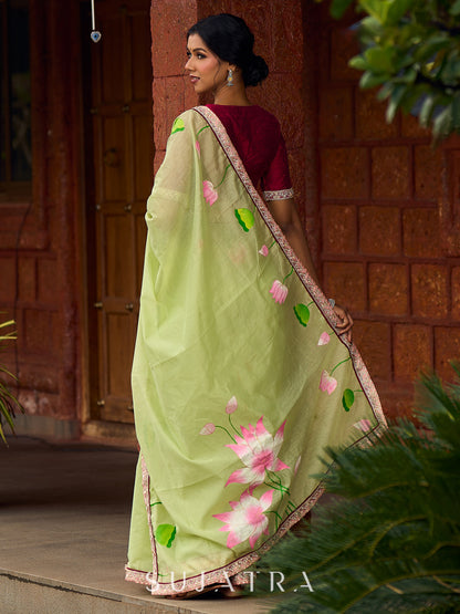 Classic Pista Green Chanderi Saree with Hand-Painted Pichwai Motifs & Contrast Magenta Accent