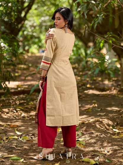 Sophisticated Beige Cotton Kurta with Statement Hand Block Design and Printed Hem Border