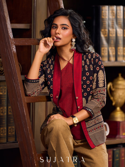 Ajrakh Black Cotton Jacket With Contrasting Maroon Silk Collar