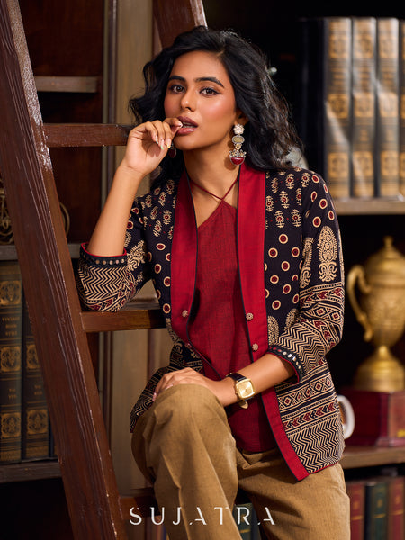 Ajrakh Black Cotton Jacket With Contrasting Maroon Silk Collar