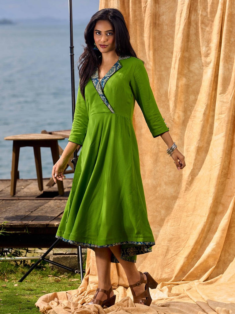Green Flared Rayon Dress with Handcrafted Ajrakh Collar and Trims