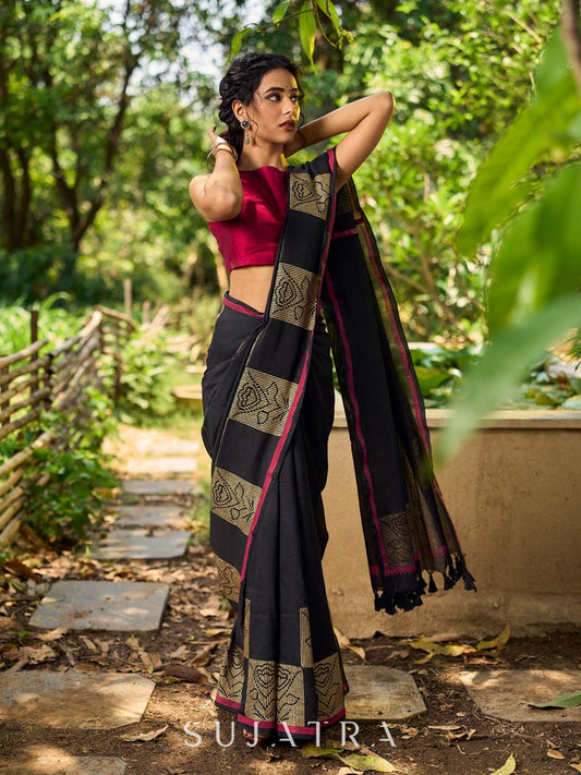 Timeless Black Cotton Saree with Classic Hand Block Print and Contrasting Border Detailing