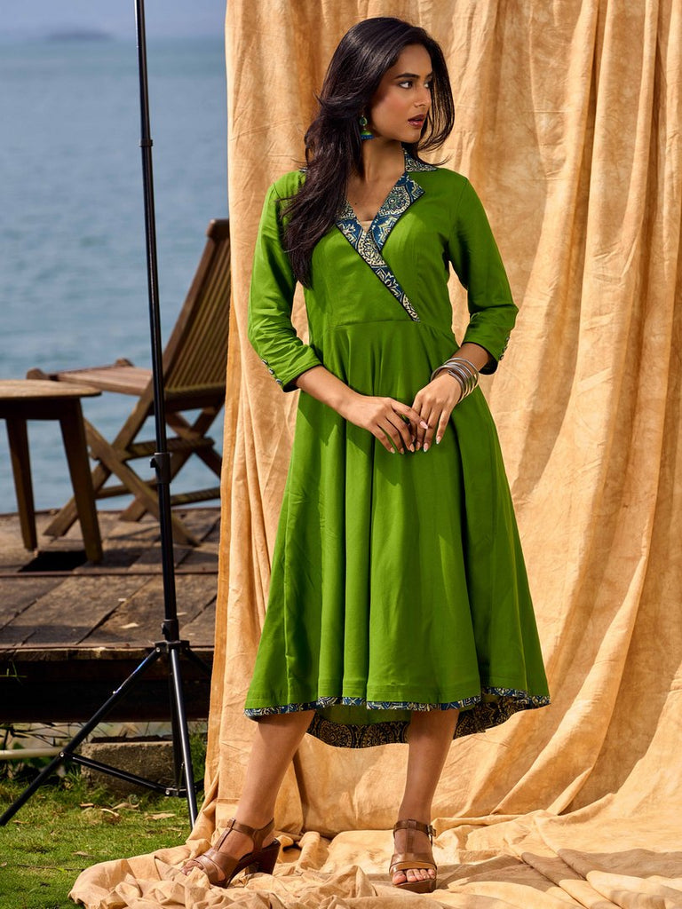 Green Flared Rayon Dress with Handcrafted Ajrakh Collar and Trims