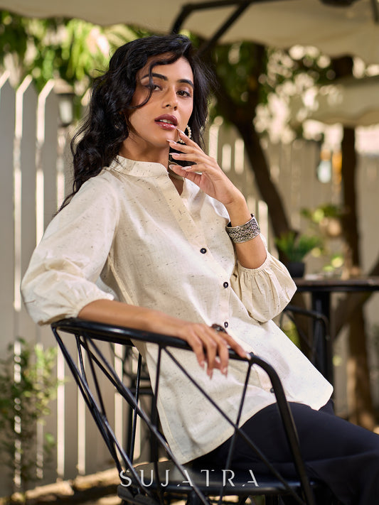 Ivory Cotton Flex Shirt Featuring Soft Gathered Sleeves