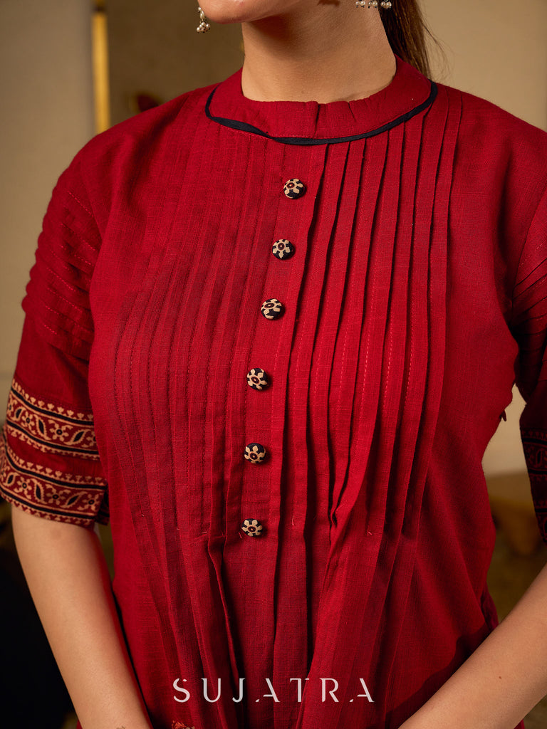 Chic Maroon Cotton Top Crafted With Front And Sleeve Pleats, Accented with Ajrakh Border