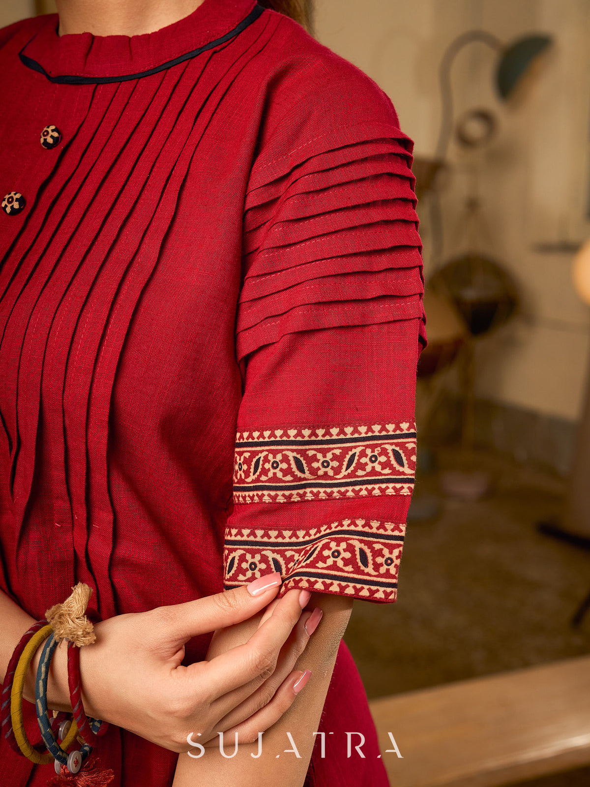 Chic Maroon Cotton Top Crafted With Front And Sleeve Pleats, Accented with Ajrakh Border - Pant Optional