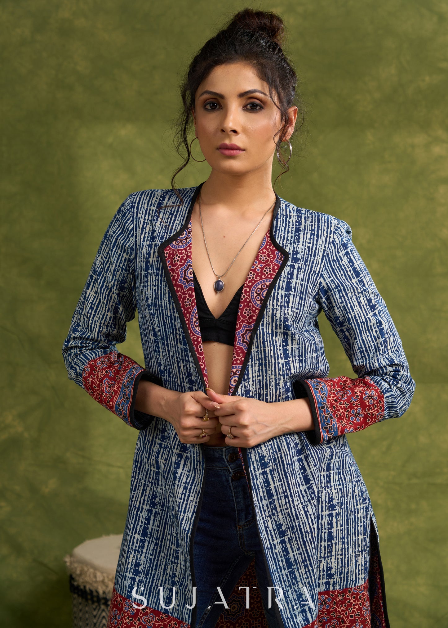 Dramatic Elegance: Indigo Blue Long Shrug With Exquisite Ajrakh Lining