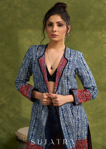 Dramatic Elegance: Indigo Blue Long Shrug With Exquisite Ajrakh Lining