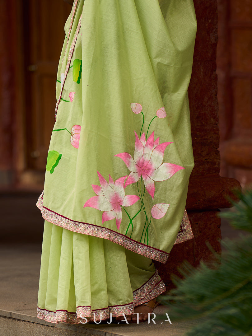Classic Pista Green Chanderi Saree with Hand-Painted Pichwai Motifs & Contrast Magenta Accent