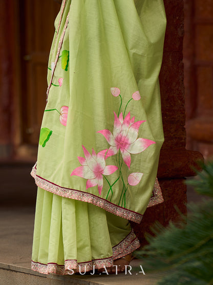 Classic Pista Green Chanderi Saree with Hand-Painted Pichwai Motifs & Contrast Magenta Accent