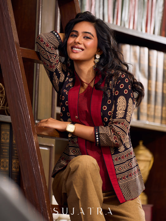 Ajrakh Black Cotton Jacket With Contrasting Maroon Silk Collar