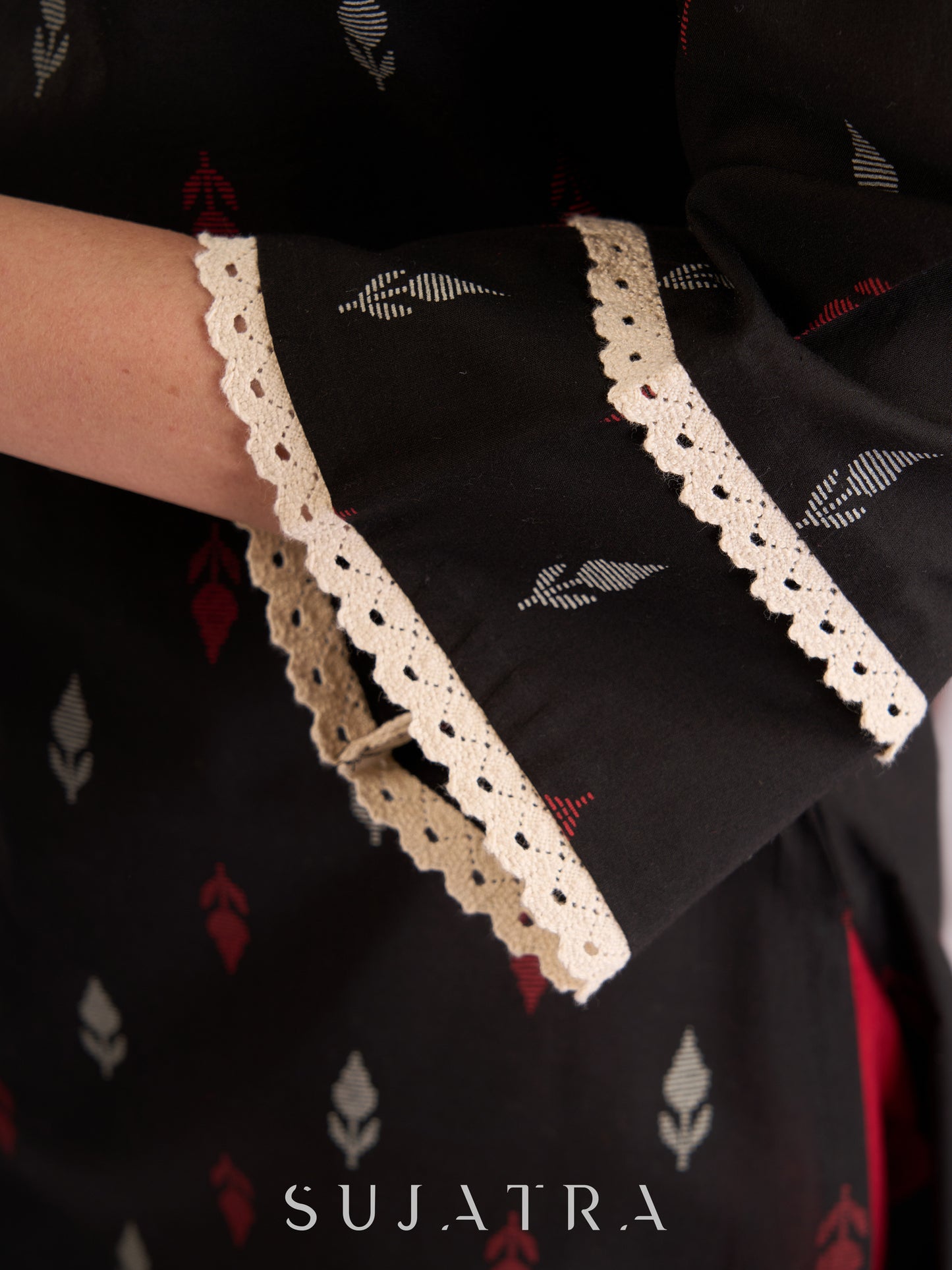 Beautiful Black Printed Cotton Kurta with Delicate Crochet Lace Detailing