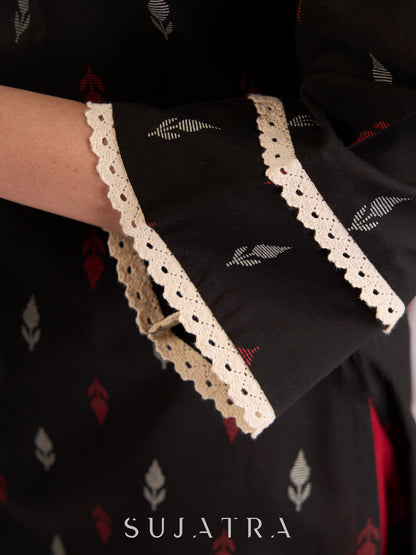 Beautiful Black Printed Cotton Kurta with Delicate Crochet Lace Detailing