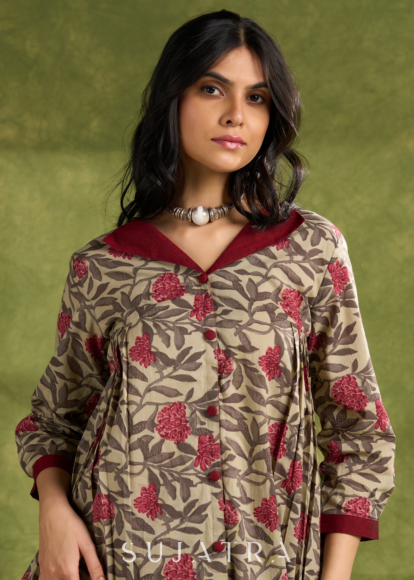Beige Printed Cotton Pleated Top - Pant Optional