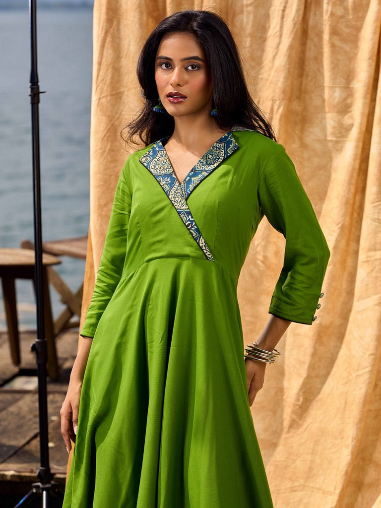 Green Flared Rayon Dress with Handcrafted Ajrakh Collar and Trims