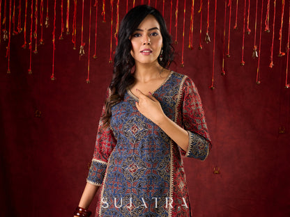 Rustic Harmony Blue–Maroon Combination Ajrakh Cotton Kurta with Delicate Embroidery