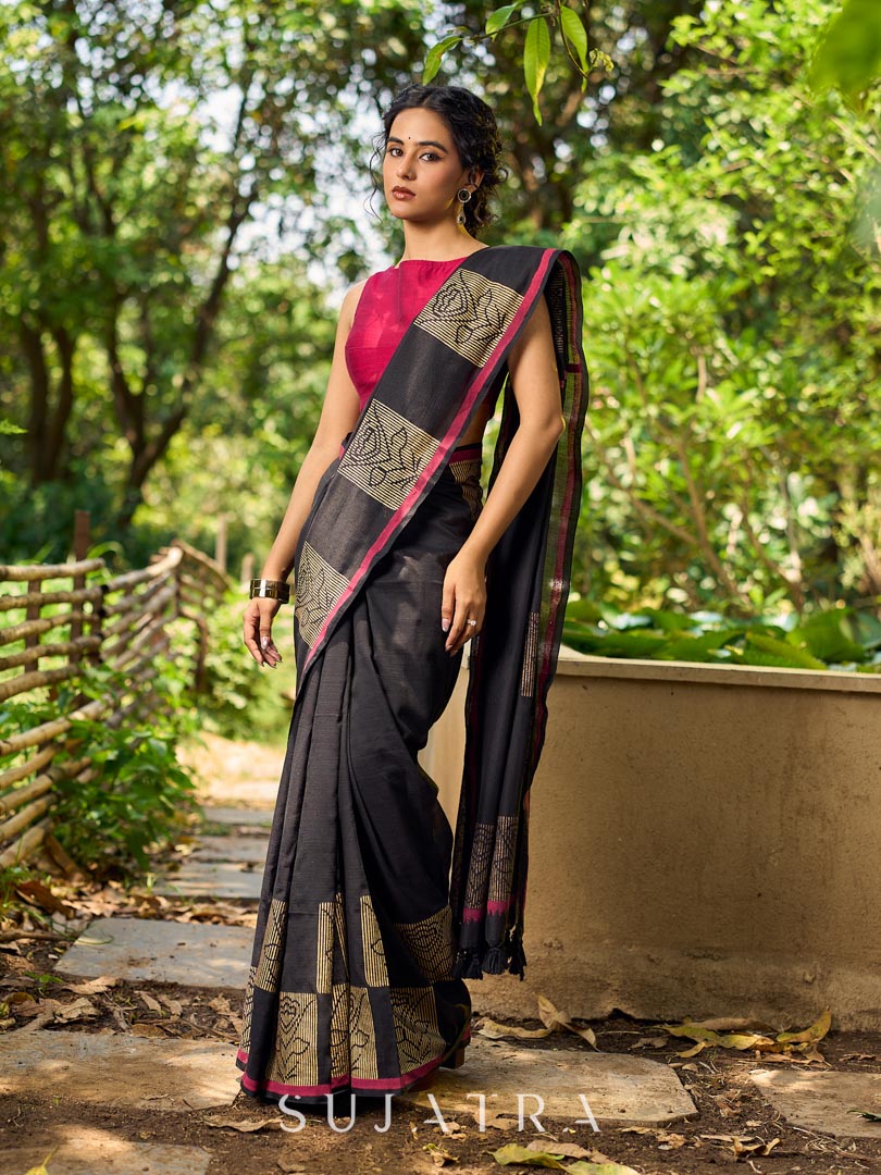 Timeless Black Cotton Saree with Classic Hand Block Print and Contrasting Border Detailing