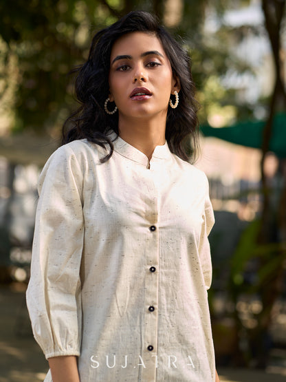 Ivory Cotton Flex Shirt Featuring Soft Gathered Sleeves