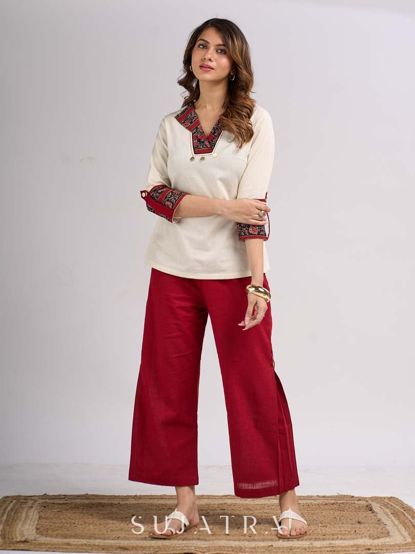 Off White Cotton Flex Top with Statement Floral Printed Collar & Cuff Highlighted with Handcrafted Kantha