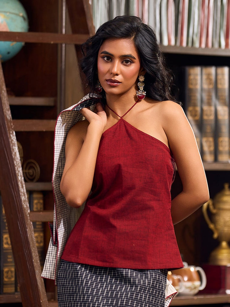 Classic Maroon Handloom Cotton Top with Tie Neck Drawstring Closure