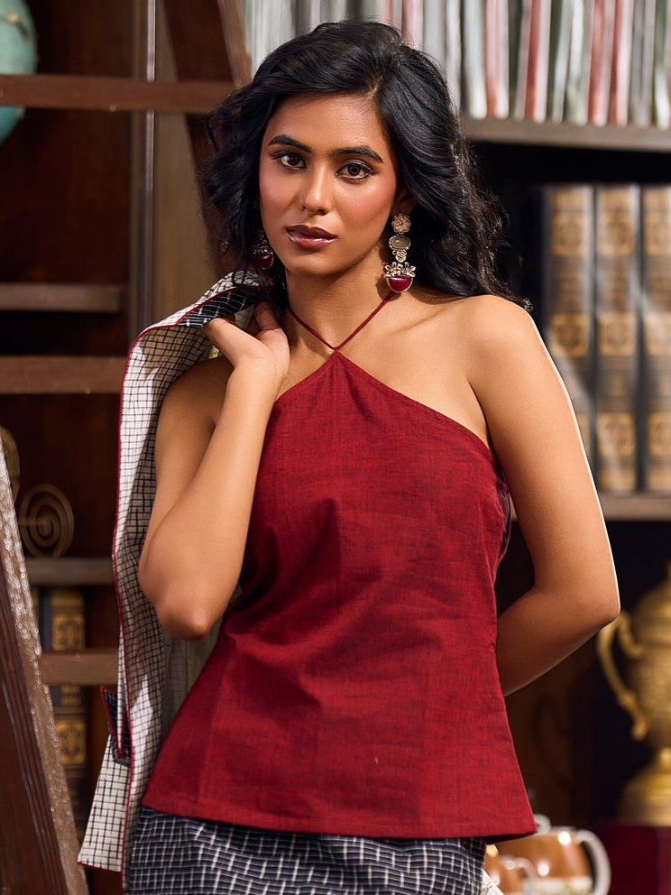 Chic Maroon Handloom Cotton Top with Open Back and Tie-Neck Closure -11