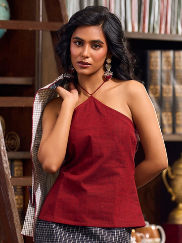 Chic Maroon Handloom Cotton Top with Open Back and Tie-Neck Closure -1