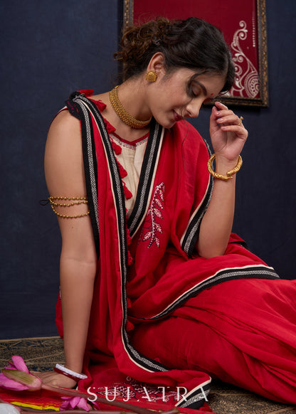 Red Bengal Cotton Saree with Intricate Hand-painted saree with stone embellishments