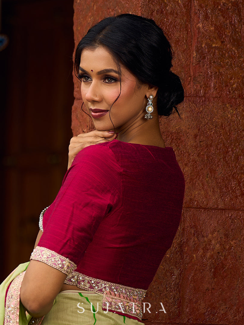 Classic Pista Green Chanderi Saree with Hand-Painted Pichwai Motifs & Contrast Magenta Accent