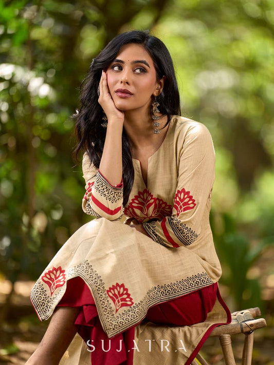 Sophisticated Beige Cotton Kurta with Statement Hand Block Design and Printed Hem Border