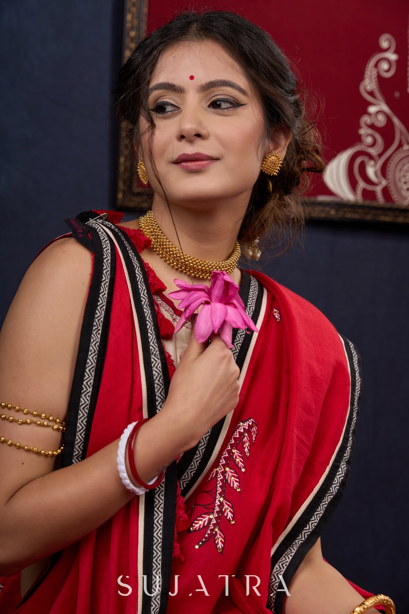 Red Bengal Cotton Saree with Intricate Hand-painted saree with stone embellishments
