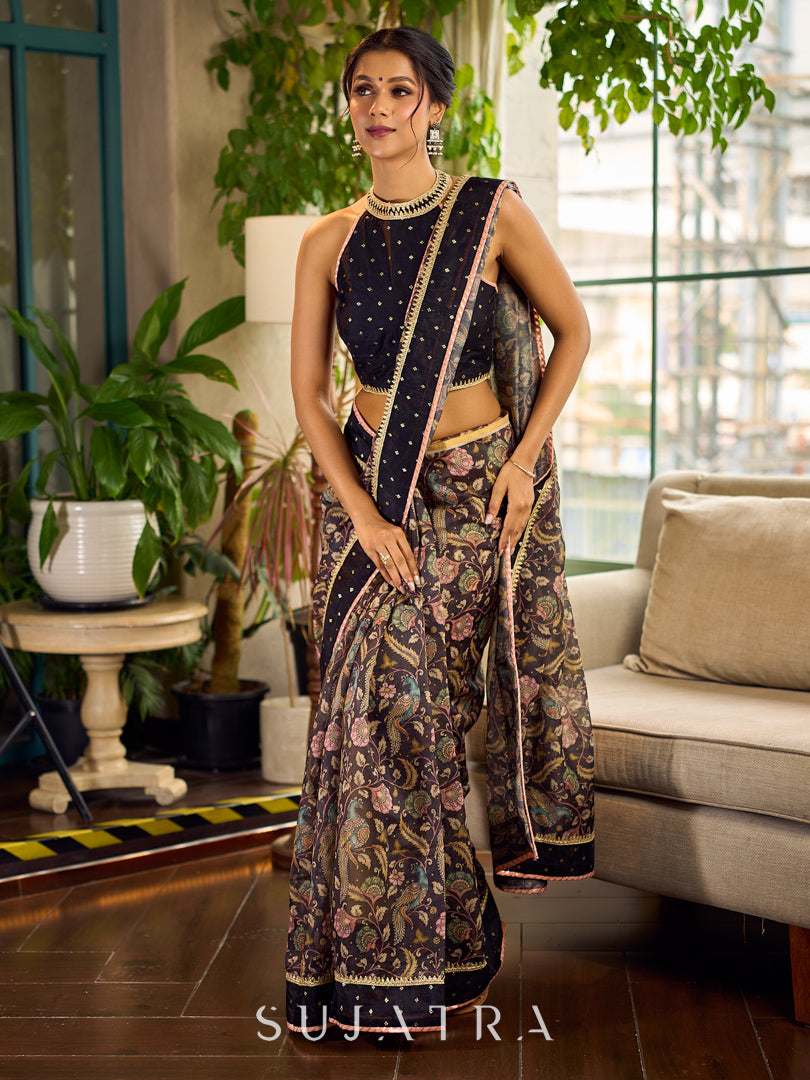 Mystic Black Kalamkari Print Chanderi Saree with Dotted Border & Pink Hem