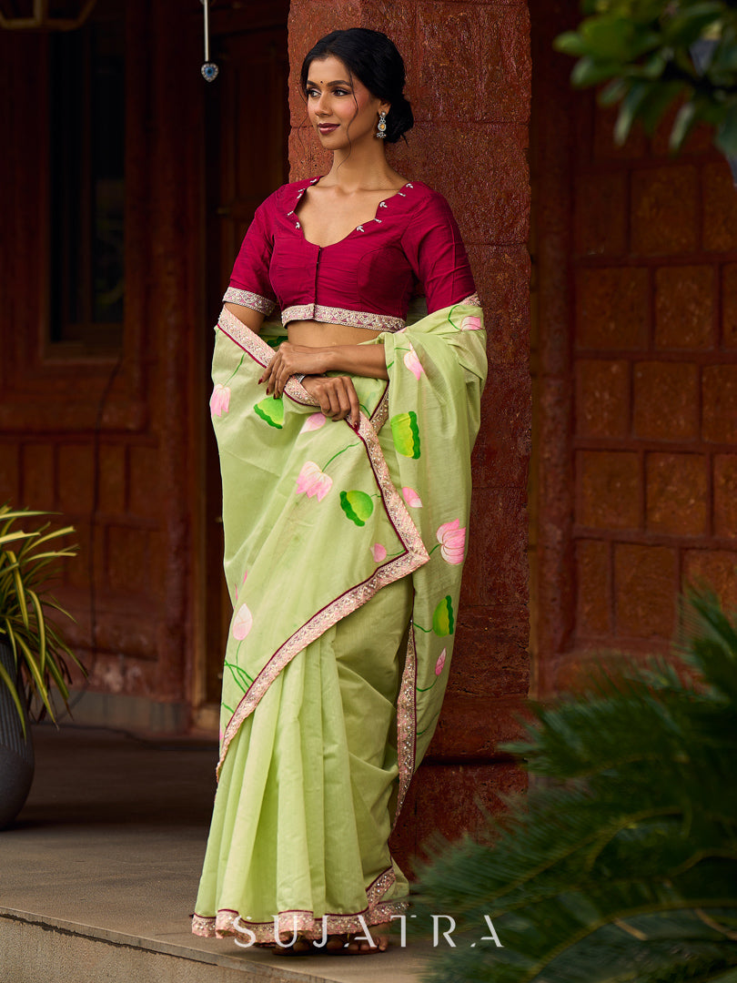 Classic Pista Green Chanderi Saree with Hand-Painted Pichwai Motifs & Contrast Magenta Accent