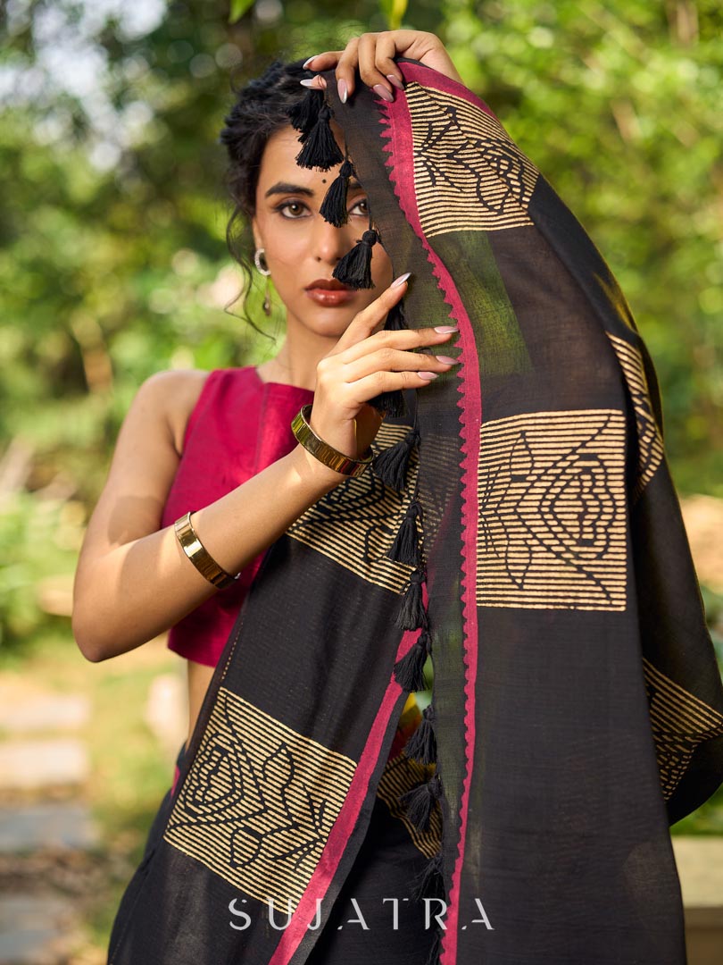 Timeless Black Cotton Saree with Classic Hand Block Print and Contrasting Border Detailing