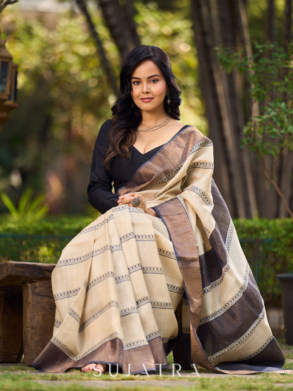 Timeless Ivory Tussar Saree with Subtle Stripes & Handcrafted Detailing