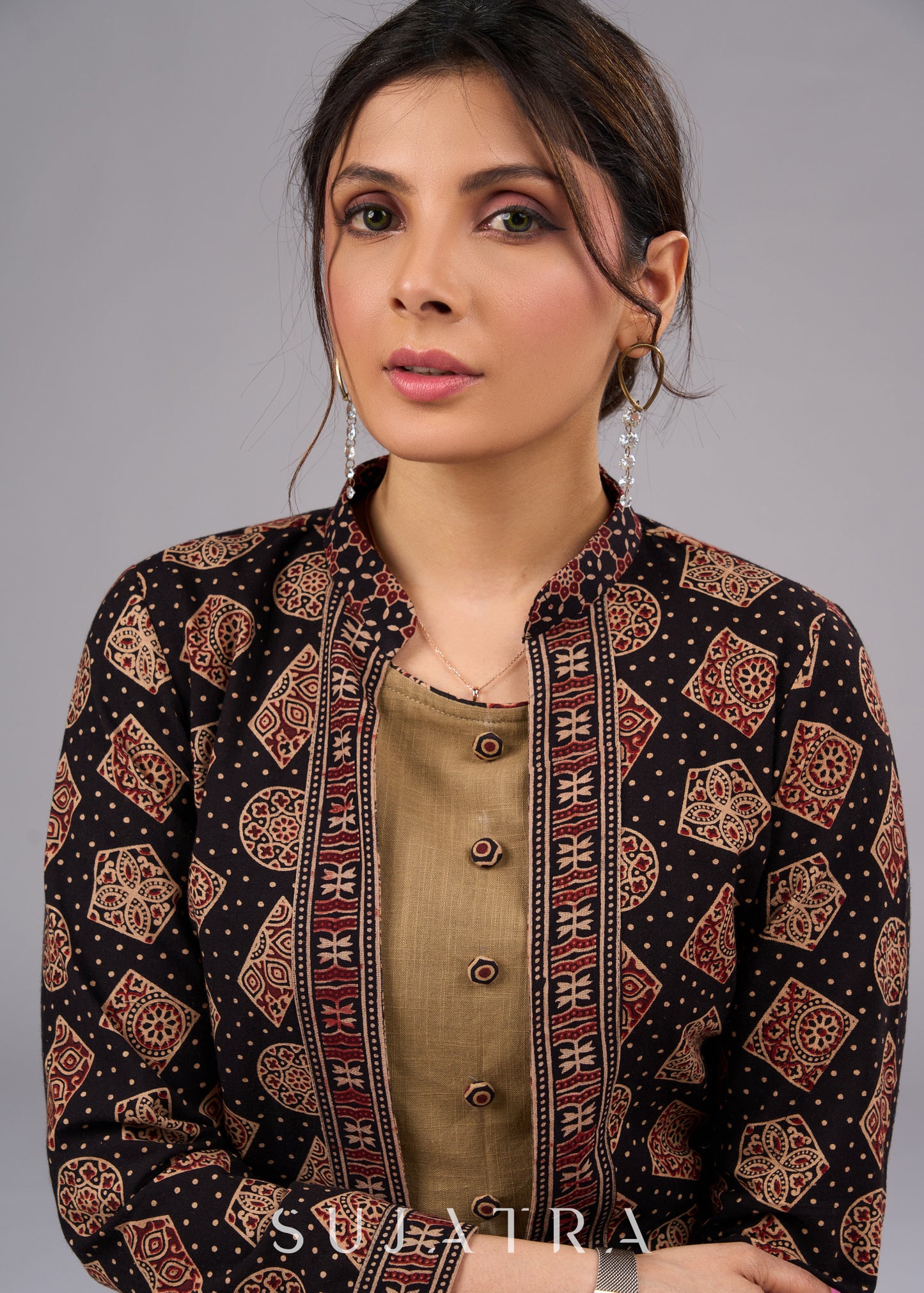 Ethereal Block Printed Black Ajrakh Cotton Jacket - Dress optional