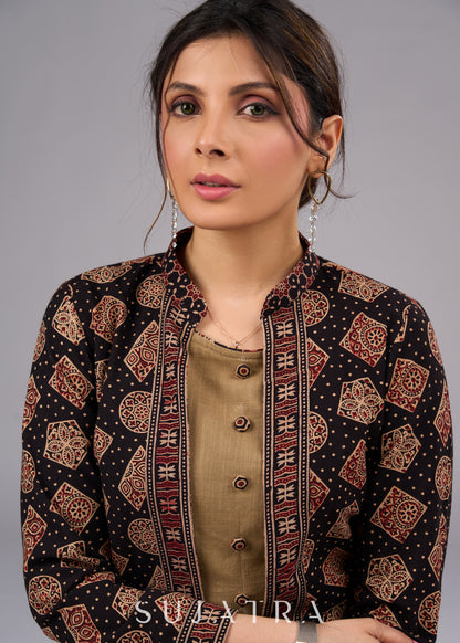 Ethereal Block Printed Black Ajrakh Cotton Jacket - Dress optional