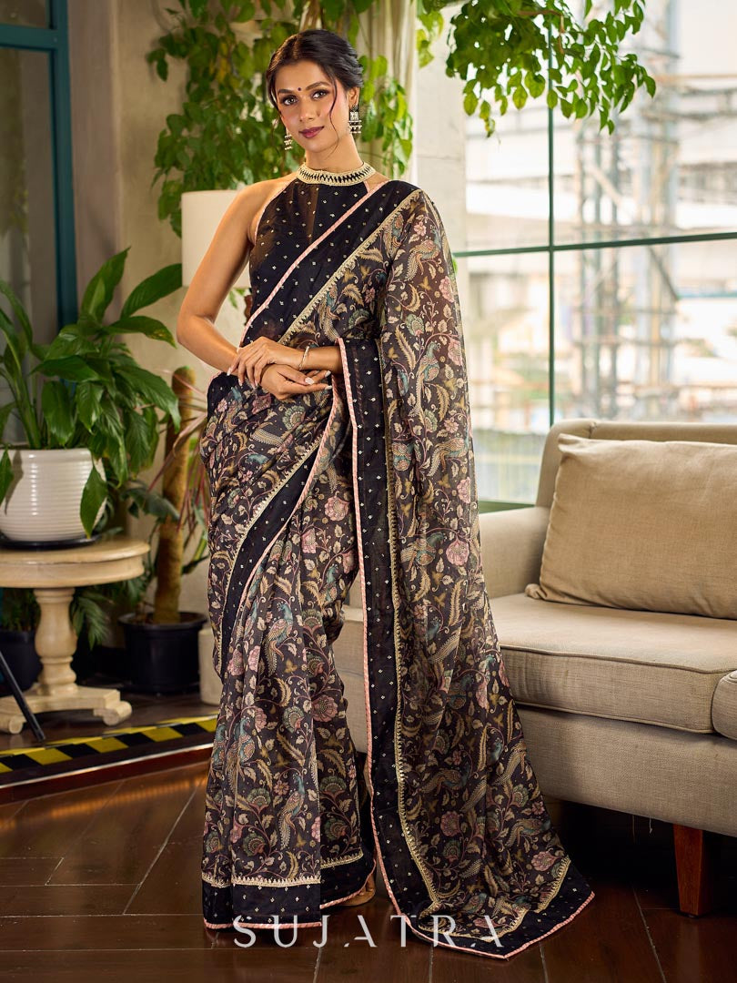 Mystic Black Kalamkari Print Chanderi Saree with Dotted Border & Pink Hem