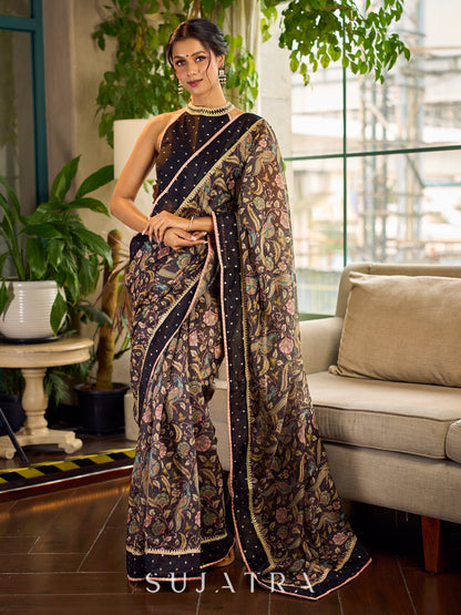 Mystic Black Kalamkari Print Chanderi Saree with Dotted Border & Pink Hem