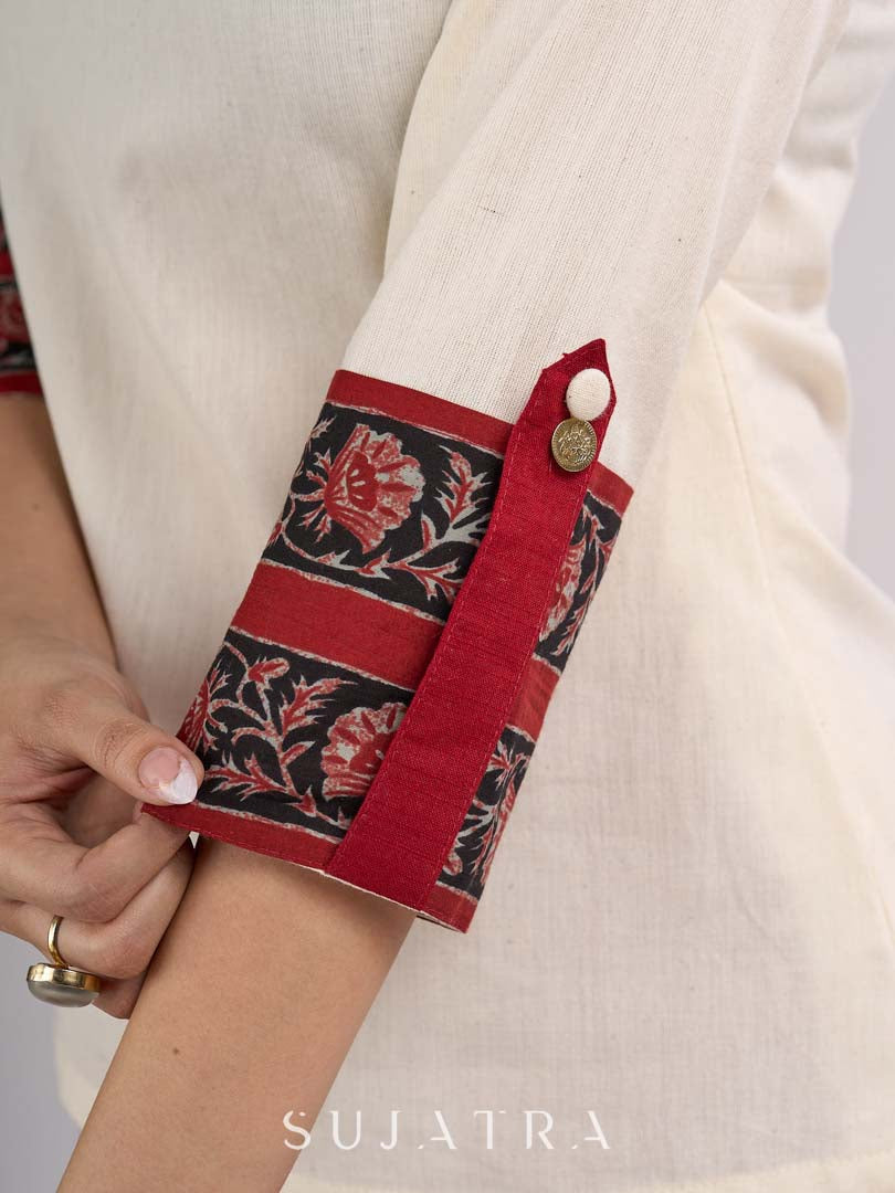 Dussehra Sale — Off White Cotton Flex Top with Statement Floral Printed Collar & Cuff Highlighted with Handcrafted Kantha